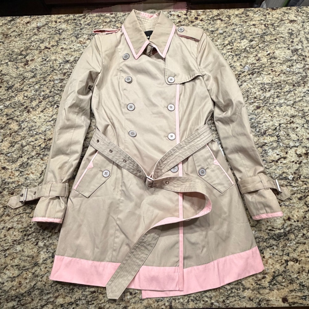 Sam Edelman Womens Khaki Beige Trench Coat Pink Trim Belted Double Breasted S ws